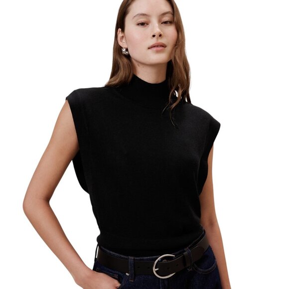 Banana Republic Merino Wool Black Mock Neck Cap Sleeve Sweater - Picture 1 of 13